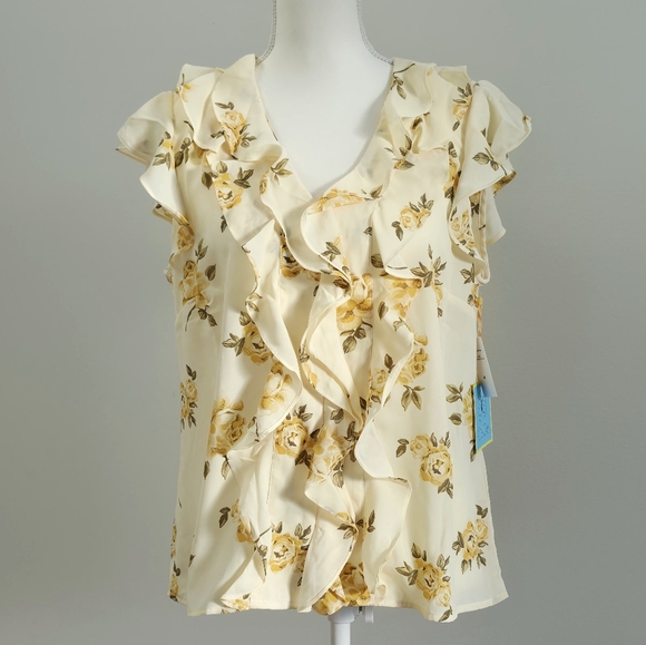 CeCe Tops - CeCe | Pastel Yellow Floral Print Ruffled Flutter Sleeve Blouse